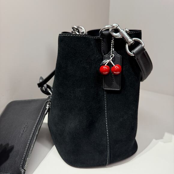 Coach Rowan Bucket Bag With Cherry Charm CCZ89 Suede/Silver/Black - Picture 5 of 10